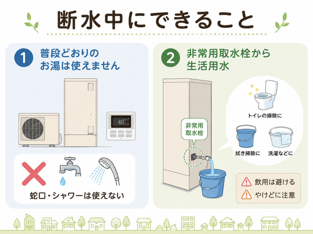 断水中のエコキュートの注意点と非常用取水栓から生活用水を取り出すイメージ
