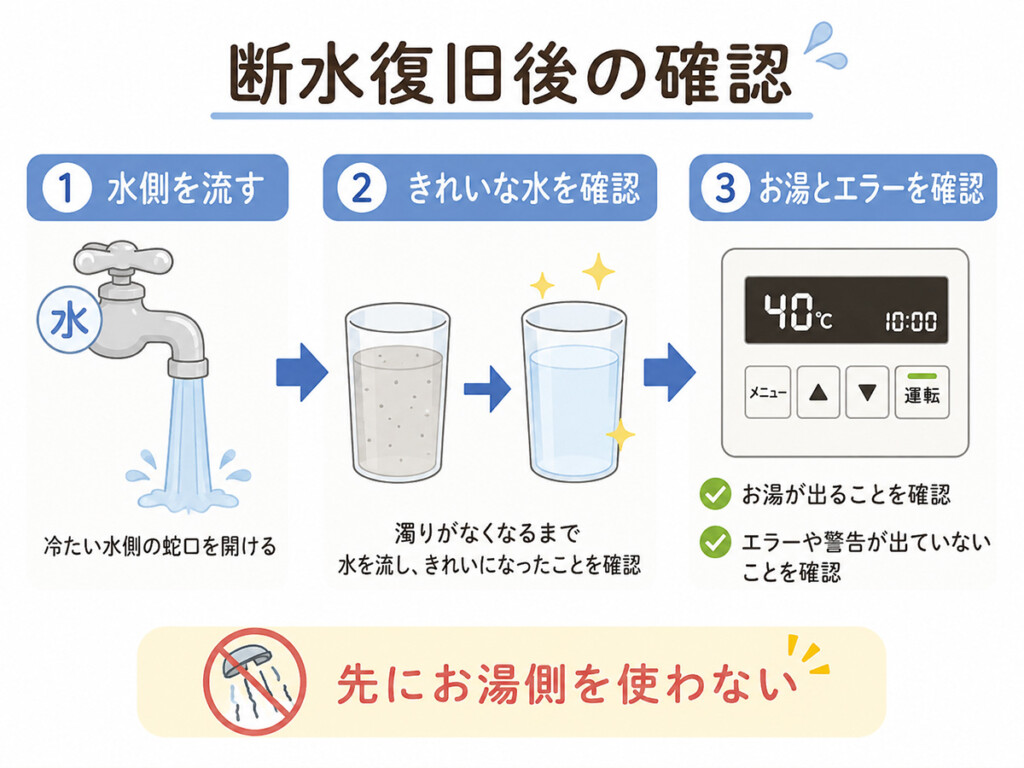断水復旧後に水側の蛇口から濁り水や空気を流して確認する手順の図解