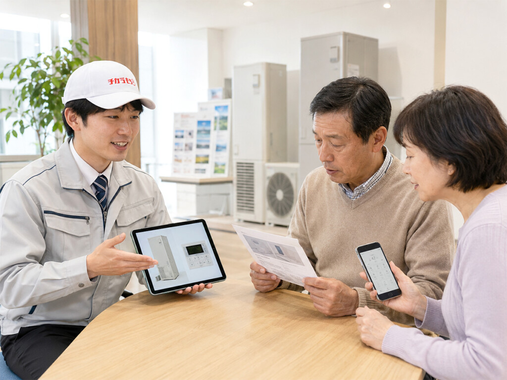 断水復旧後もエコキュートが戻らずチカラもち富山店へ相談しているイメージ