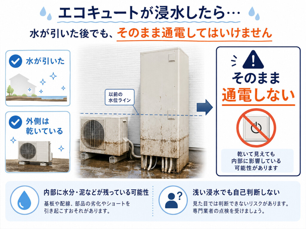 浸水したエコキュートは水が引いても通電しないことを示した図解