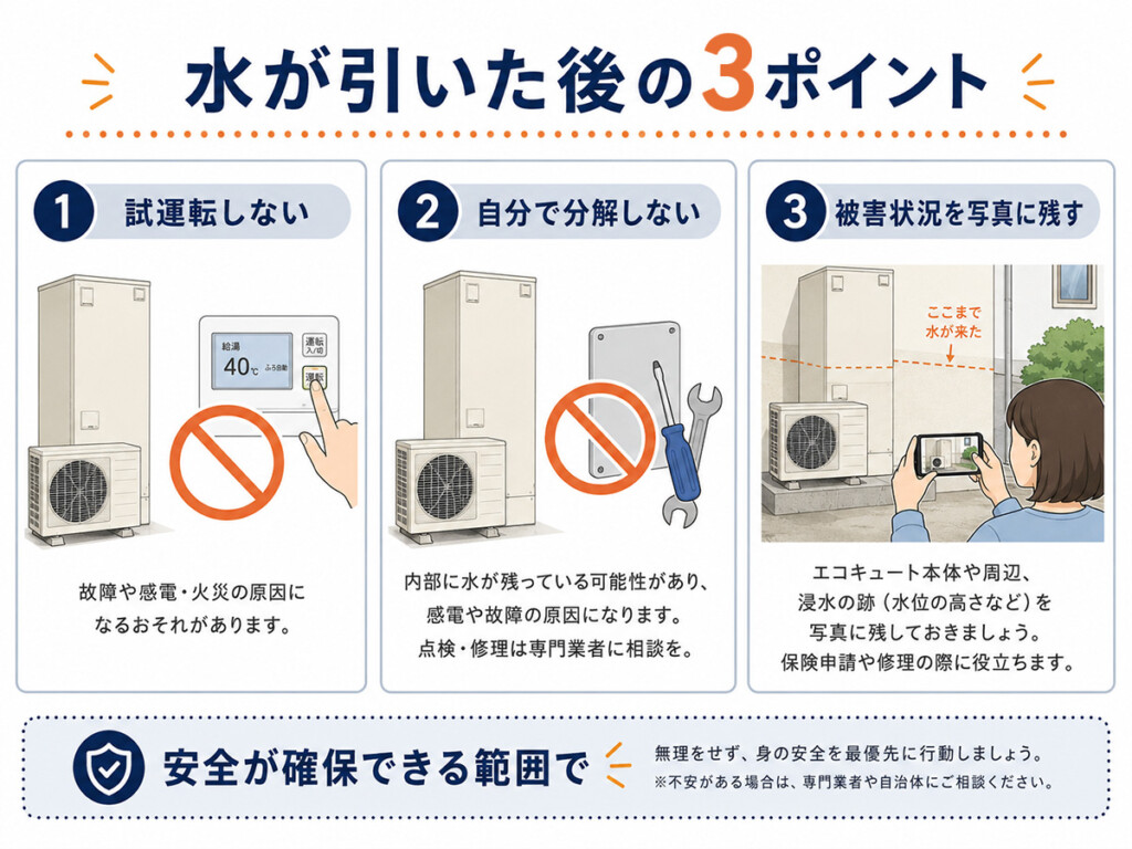浸水したエコキュートで試運転や分解をせず被害状況を写真に残すポイントの図解