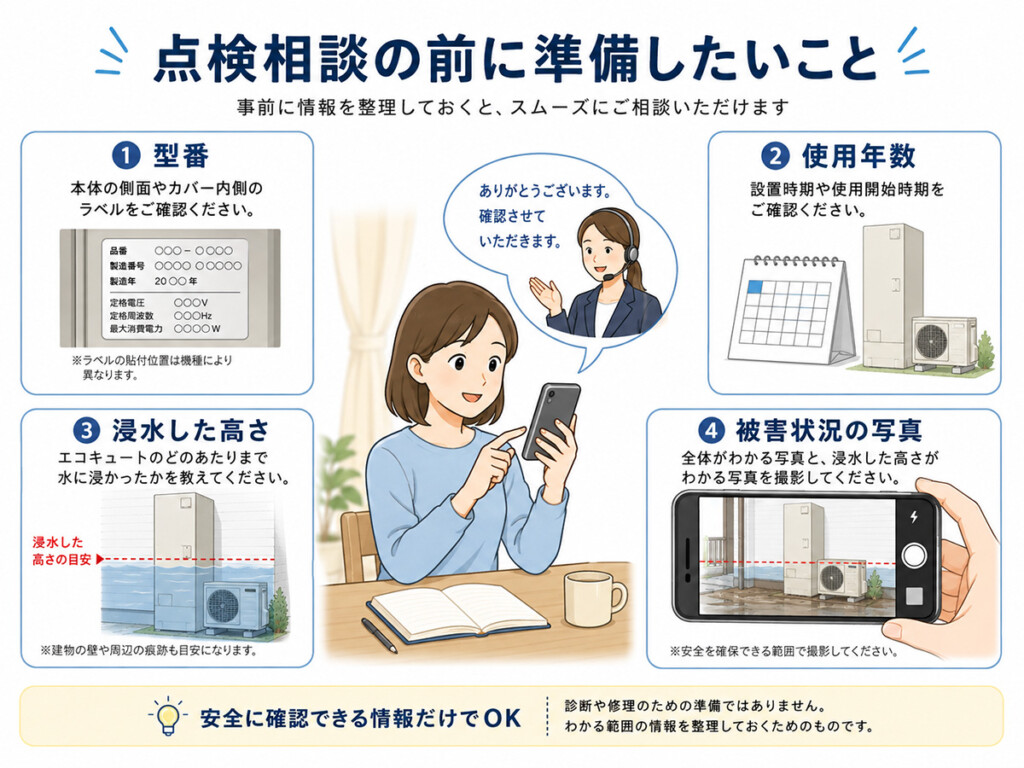 浸水したエコキュートの型番や被害状況を整理してメーカーへ点検依頼する流れの図解