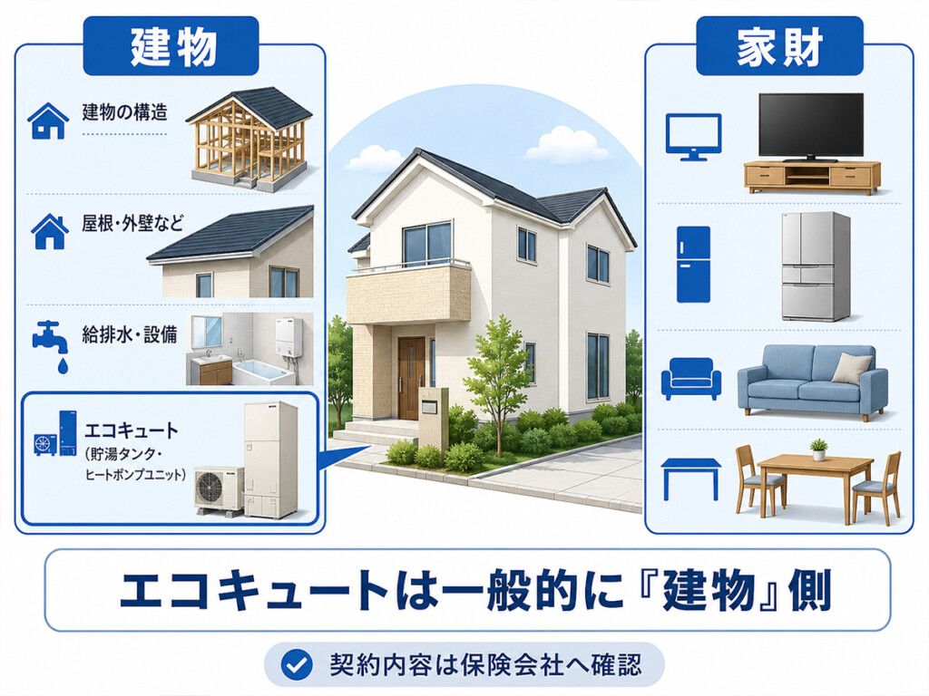 火災保険でエコキュートが建物側の設備として扱われることを示した図解