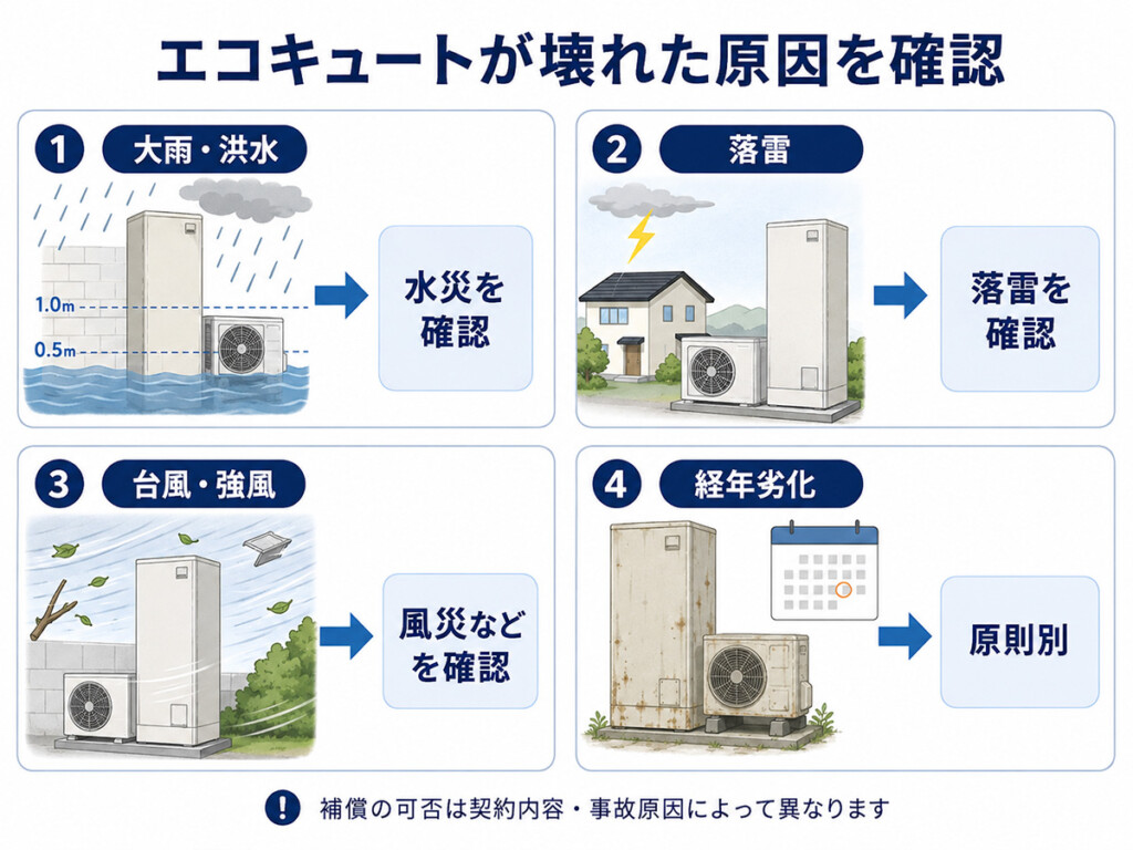 大雨による浸水や落雷や台風によるエコキュート被害と火災保険の確認項目を示した図解