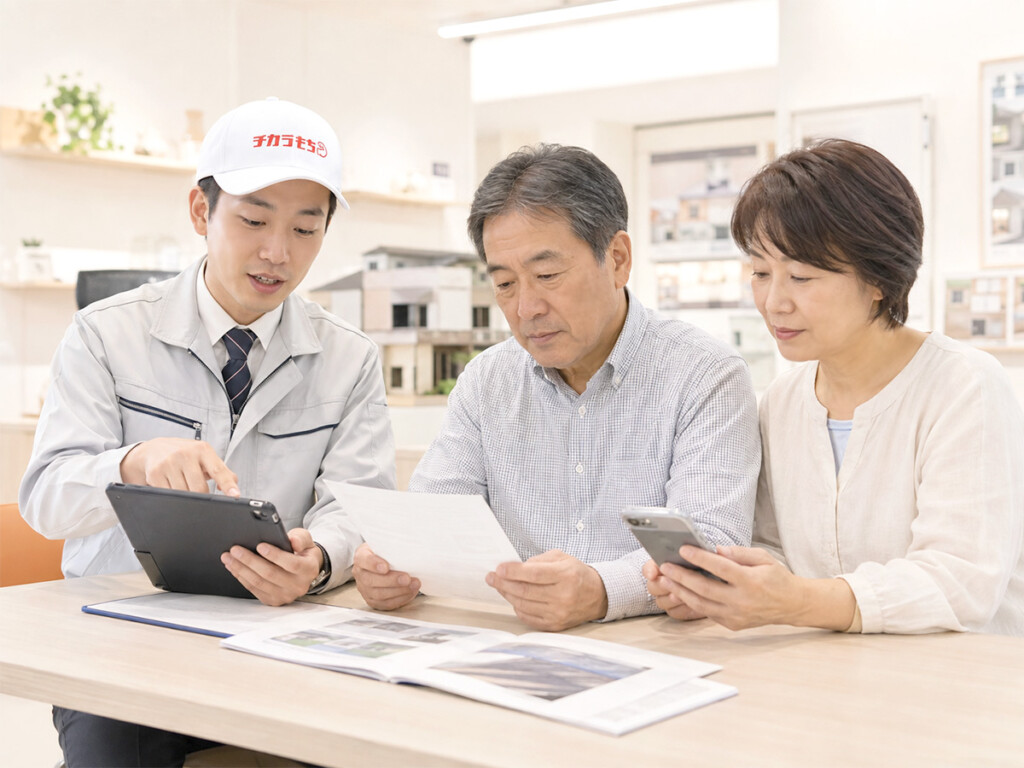 火災保険を確認したあとエコキュート交換についてチカラもち富山店へ相談しているイメージ