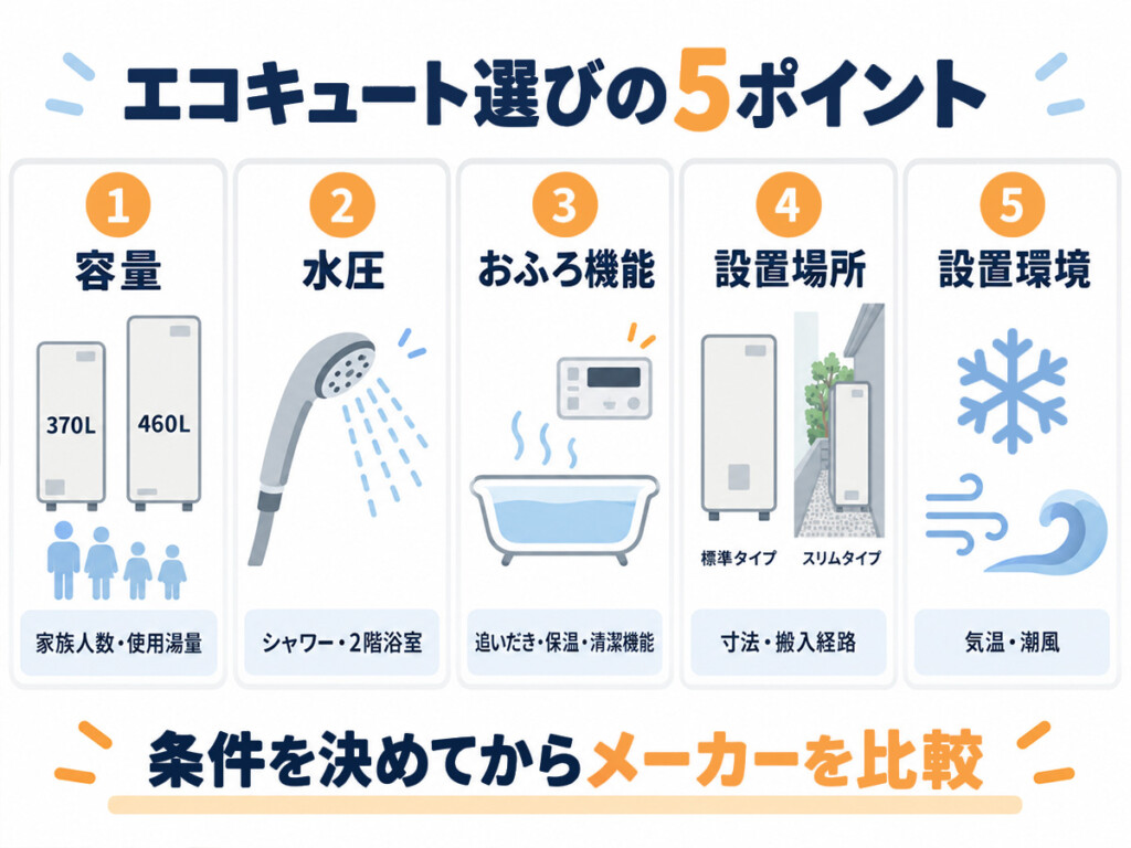容量や水圧や設置環境などエコキュート選びの5つのポイントを示した図解