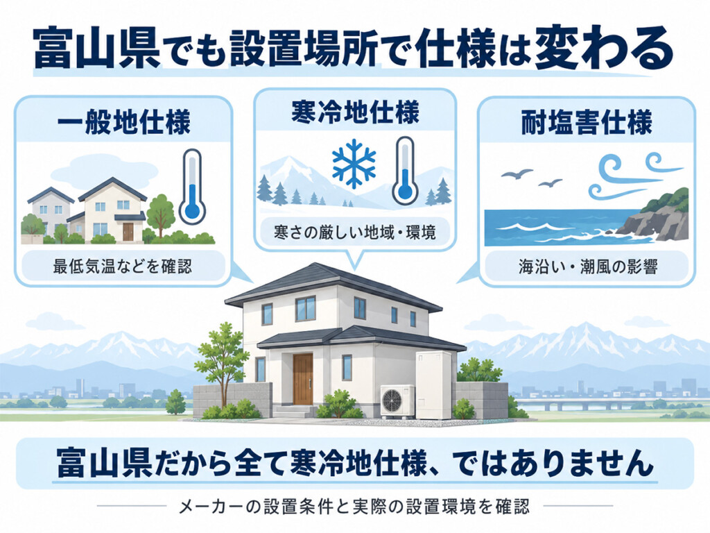富山県で一般地仕様や寒冷地仕様や耐塩害仕様を設置環境から選ぶイメージ