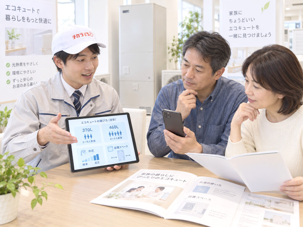 チカラもち富山店で家族人数や設置環境からエコキュートを選んでいる相談イメージ