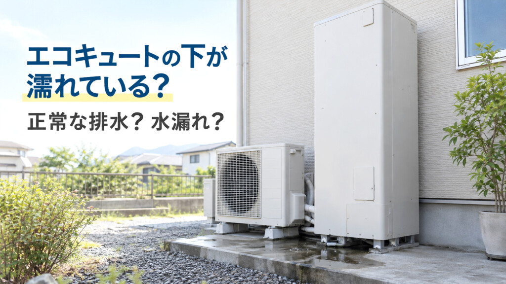 エコキュートの下が濡れている状態から正常な排水と水漏れを見分けるイメージ