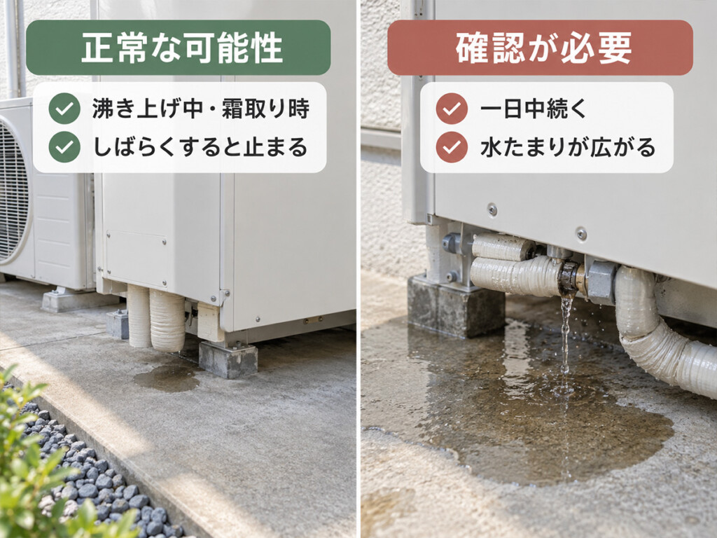 エコキュートの正常な排水と水漏れを時間や水の広がり方から比較した図解