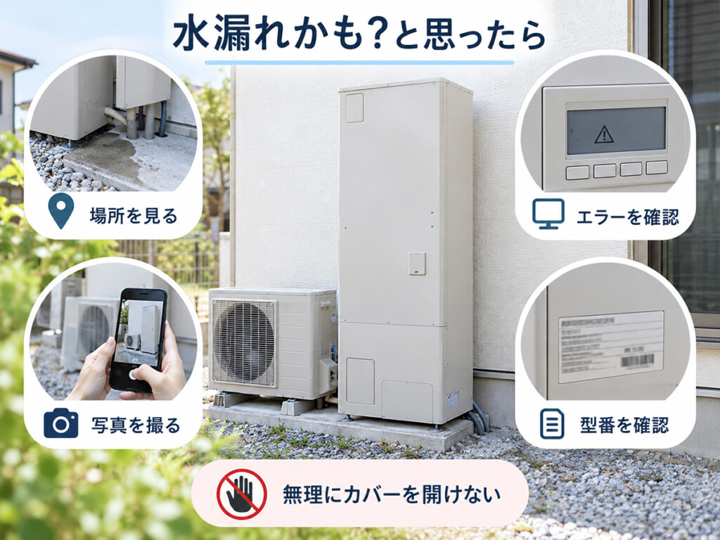 エコキュートの水漏れが疑われるときに場所・写真・エラー・型番を確認する図解